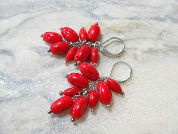 Natural Coral Red Grape Dangle Earrings